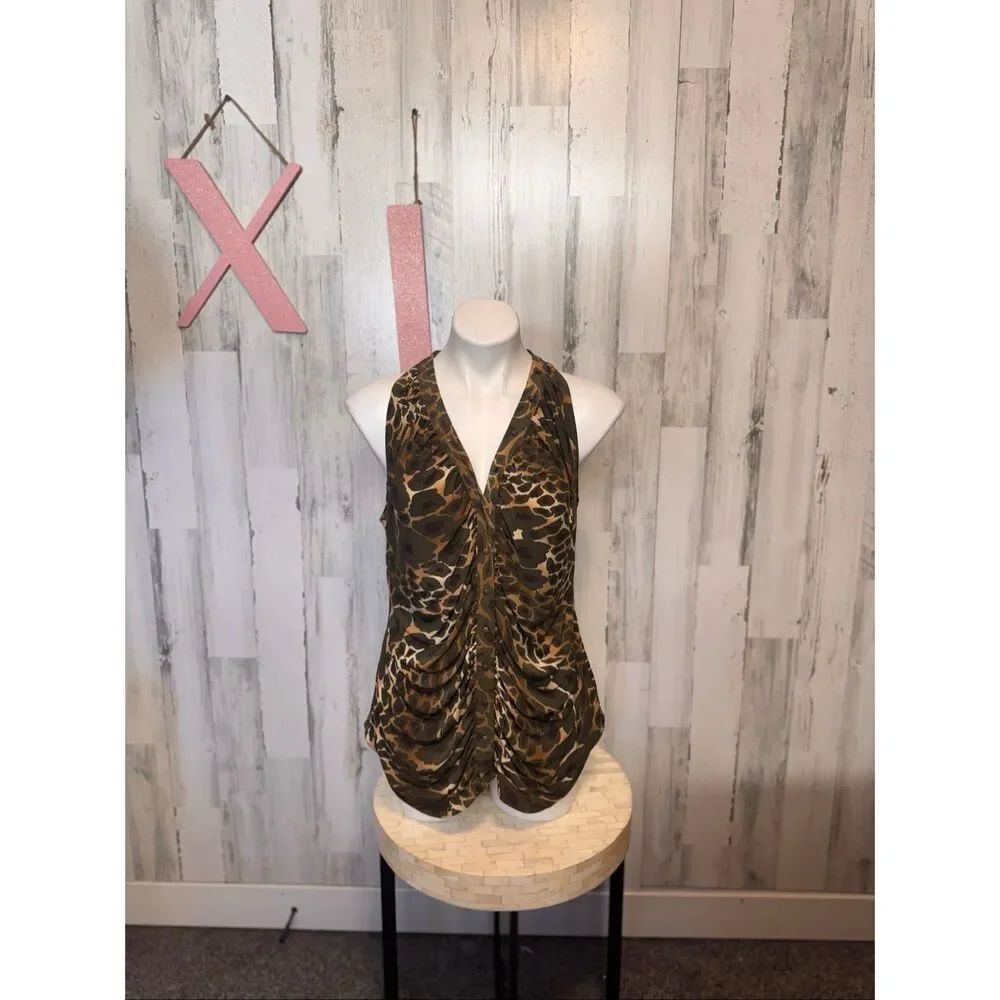 Nine West Leopard Print Ruched Tank Top Womens Size Extra Large XL Sleeveless V-